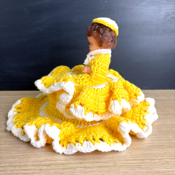 Vintage doll with secret storage - hand crocheted yellow and white dress