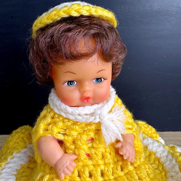 Vintage doll with secret storage - hand crocheted yellow and white dress