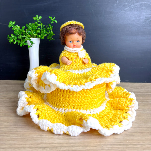 Vintage doll with secret storage - hand crocheted yellow and white dress
