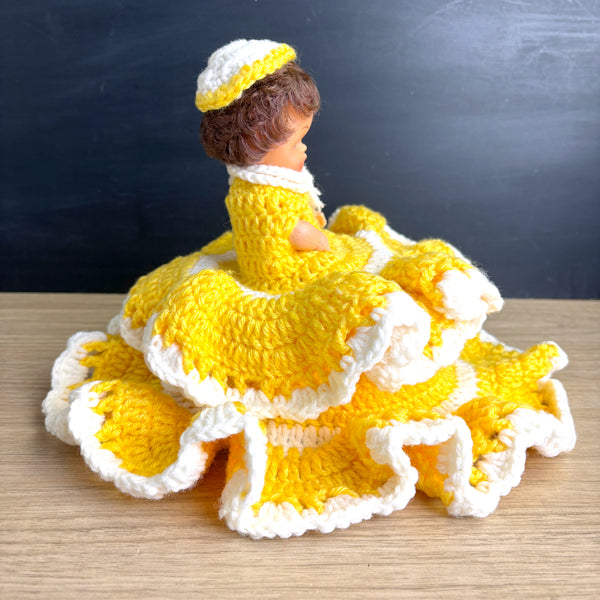 Vintage doll with secret storage - hand crocheted yellow and white dress