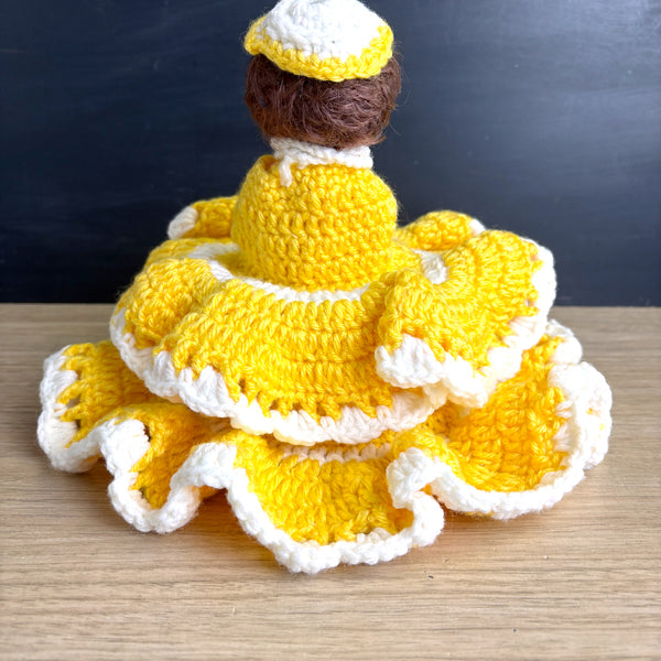 Vintage doll with secret storage - hand crocheted yellow and white dress