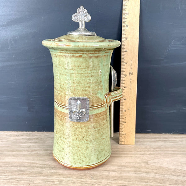 Crosby & Taylor Pistachio Green Fleur de Lis pottery coffee canister with pewter spoon - NextStage Vintage