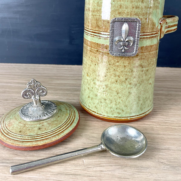 Crosby & Taylor Pistachio Green Fleur de Lis pottery coffee canister with pewter spoon - NextStage Vintage