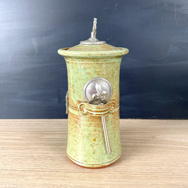 Crosby & Taylor Pistachio Green Fleur de Lis pottery coffee canister with pewter spoon - NextStage Vintage