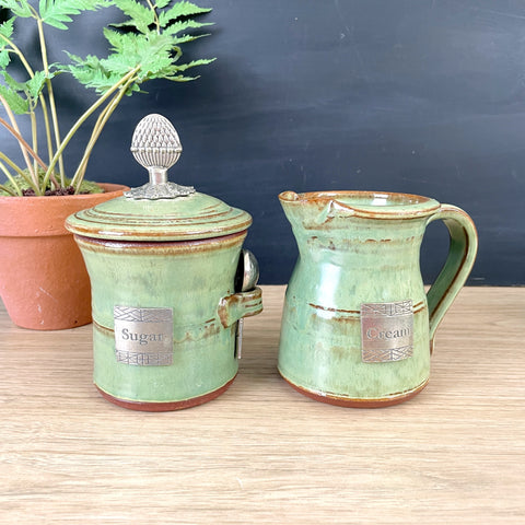 Crosby & Taylor Pistachio Green Acorn sugar and creamer pottery with pewter spoon