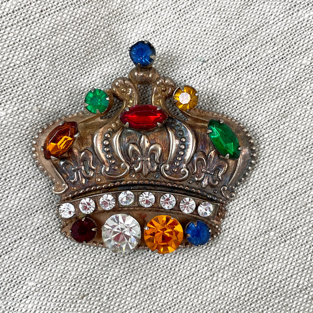 Gold plated sterling French royal crown brooch with rhinestones - NextStage Vintage