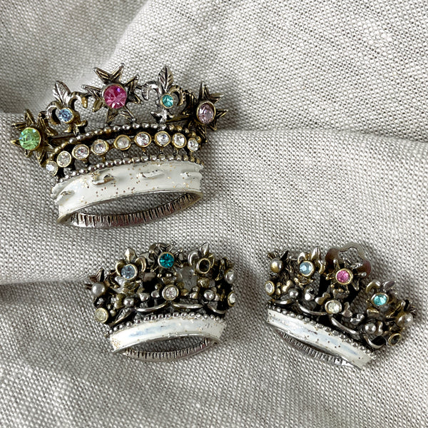 Maltese Cross crown brooch and earrings set - 1950s vintage