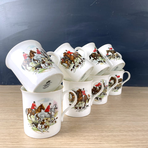 Crown Trent hounds and horses hunt mugs - set of 8 - vintage bone china - NextStage Vintage