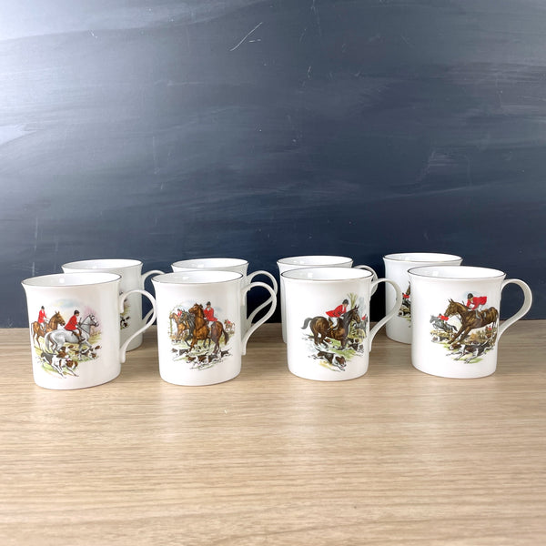 Crown Trent hounds and horses hunt mugs - set of 8 - vintage bone china - NextStage Vintage