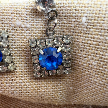 Sapphire Blue and Crystal Rhinestone Dangle Earrings, Vintage Glam Costume Jewelry