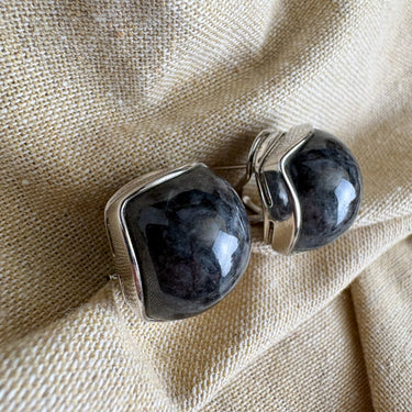 Large Cushion Cut Cabochon Earrings - Grey & Black Marbled Stone - Omega Back