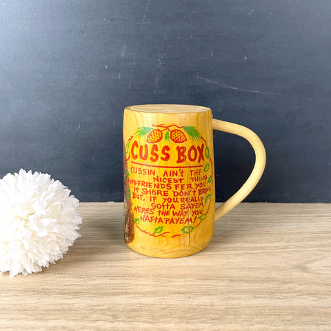 Kitsch Cuss Box - rustic wood bank - 1950s vintage - NextStage Vintage