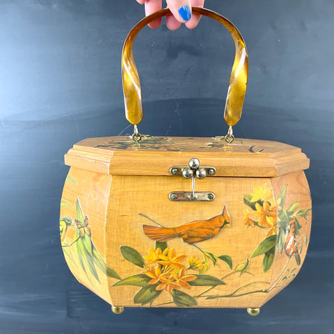 BerJan bird decoupage wood purse - 1960s vintage
