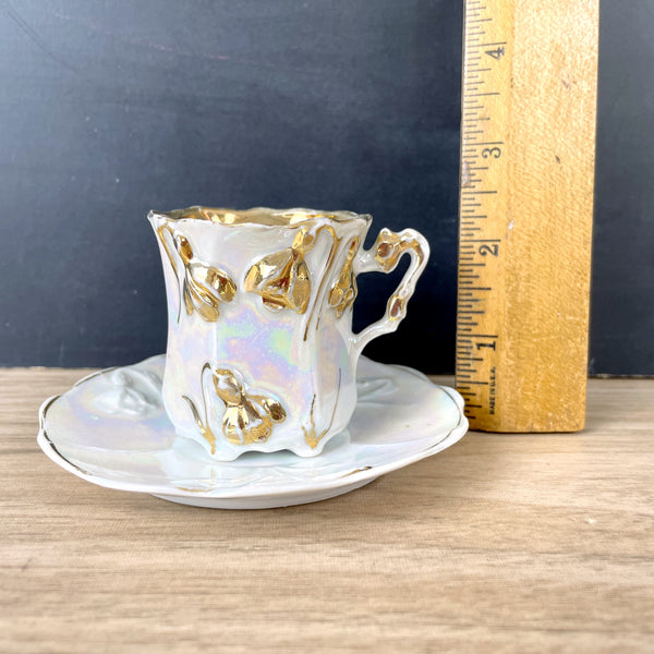 Gold iridescent demitasse cup and saucer with hand painted bell flowers - NextStage Vintage