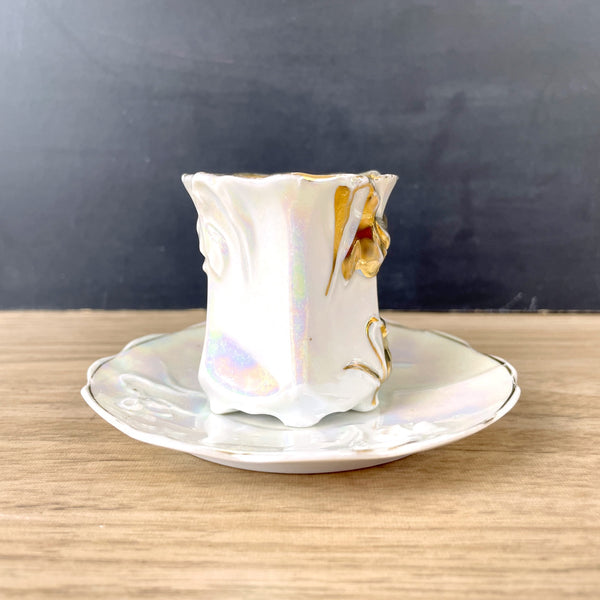 Gold iridescent demitasse cup and saucer with hand painted bell flowers - NextStage Vintage