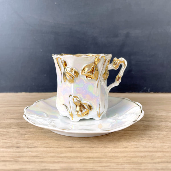 Gold iridescent demitasse cup and saucer with hand painted bell flowers - NextStage Vintage