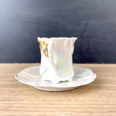 Gold iridescent demitasse cup and saucer with hand painted bell flowers - NextStage Vintage