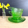 Vintage uranium green depression swirl glass cups and saucers - solid flat handles - set of 2 - NextStage Vintage