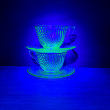 Vintage uranium green depression swirl glass cups and saucers - solid flat handles - set of 2 - NextStage Vintage