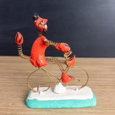 Mexican Folk Art Clay Devil Riding Wire Bicycle Figurine - Day of the Dead
