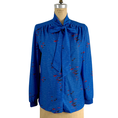 1970s boomerang print blouse with bow neck - long sleeves - size XL - NextStage Vintage