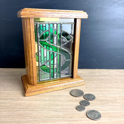 Wood and stained glass money box bank - dollar sign in stained glass - 1980s vintage