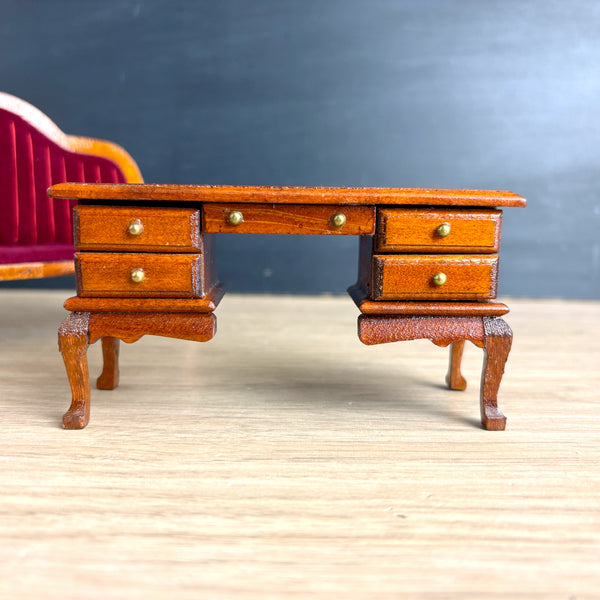 Wooden dollhouse furniture – Queen Anne red velvet settee & Victorian kneehole desk