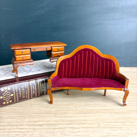 Wooden dollhouse furniture – Queen Anne red velvet settee & Victorian kneehole desk