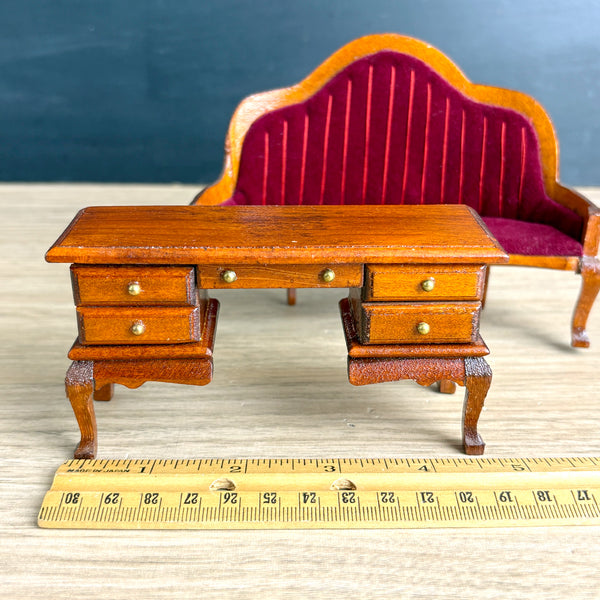 Wooden dollhouse furniture – Queen Anne red velvet settee & Victorian kneehole desk