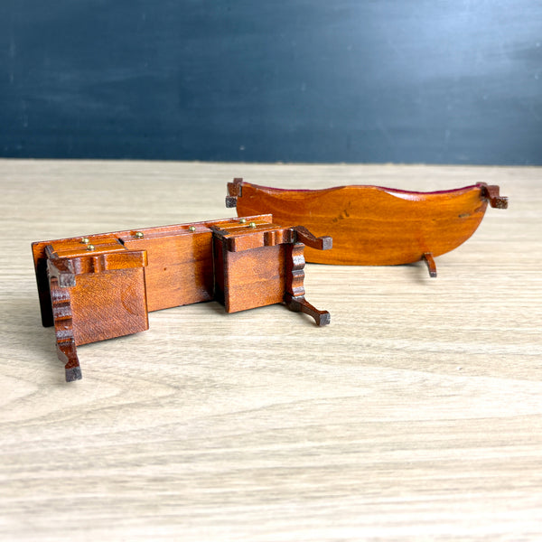 Wooden dollhouse furniture – Queen Anne red velvet settee & Victorian kneehole desk