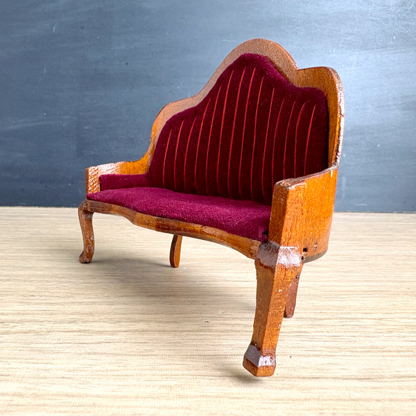 Wooden dollhouse furniture – Queen Anne red velvet settee & Victorian kneehole desk