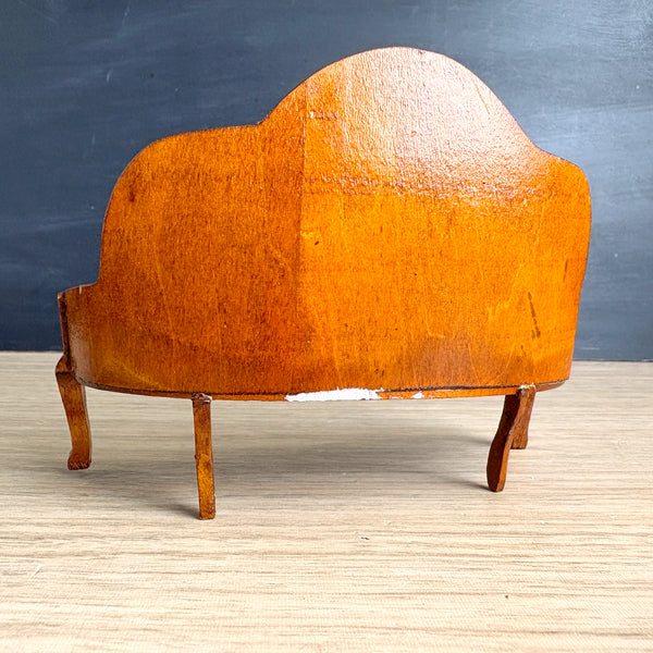 Wooden dollhouse furniture – Queen Anne red velvet settee & Victorian kneehole desk