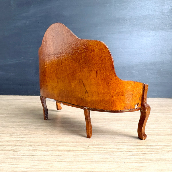 Wooden dollhouse furniture – Queen Anne red velvet settee & Victorian kneehole desk