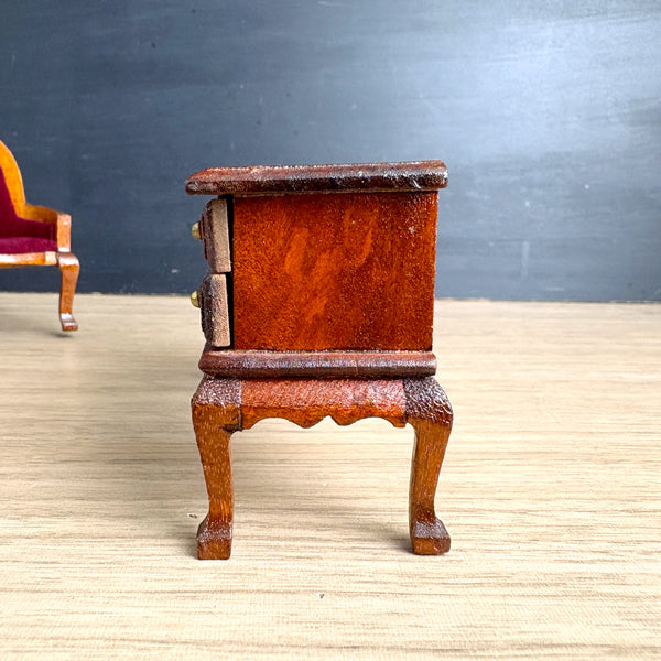 Wooden dollhouse furniture – Queen Anne red velvet settee & Victorian kneehole desk