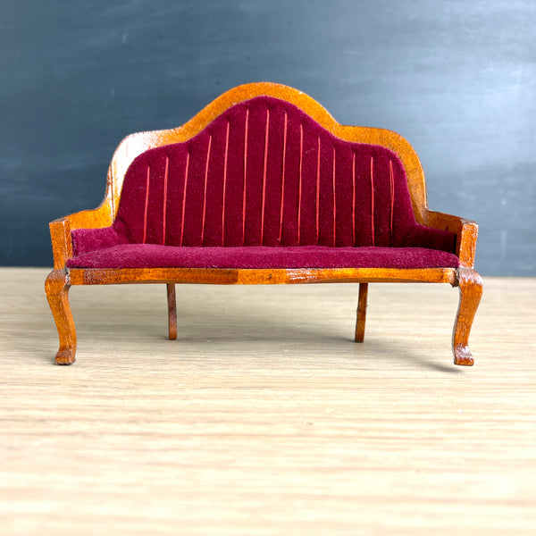 Wooden dollhouse furniture – Queen Anne red velvet settee & Victorian kneehole desk