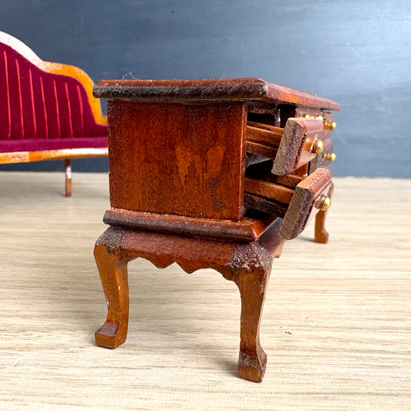 Wooden dollhouse furniture – Queen Anne red velvet settee & Victorian kneehole desk