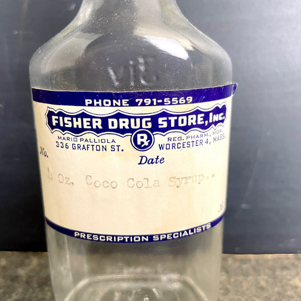 Duraglass 3iv pharmacy bottle with coco-cola syrup label - 1950s vintage - NextStage Vintage