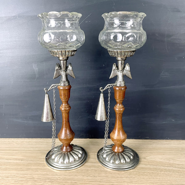 Metal and wood eagle candleholders with snuffers - a pair - 1970s vintage - NextStage Vintage