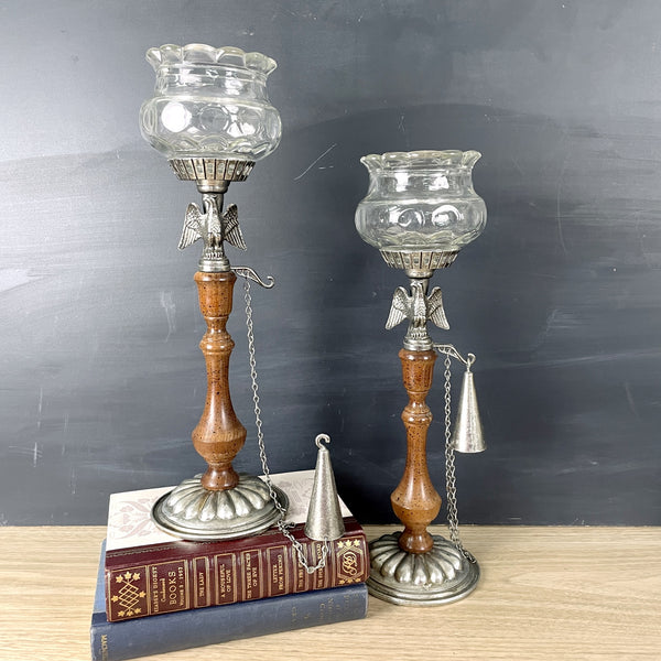 Metal and wood eagle candleholders with snuffers - a pair - 1970s vintage - NextStage Vintage