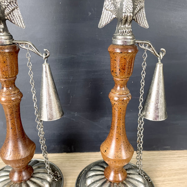 Metal and wood eagle candleholders with snuffers - a pair - 1970s vintage - NextStage Vintage