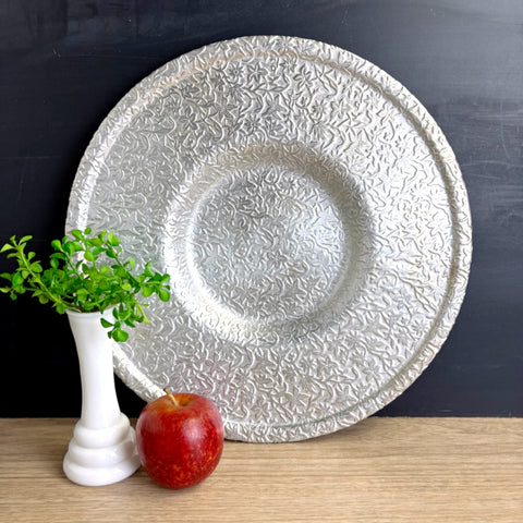 Embossed aluminum round tray - allover floral design - vintage 1950s decor - NextStage Vintage