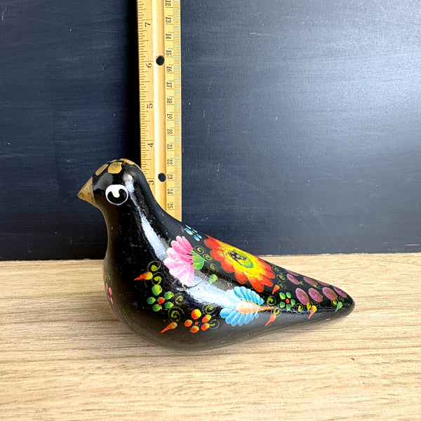 Ecuadorian folk art pottery bird - black painted vintage bohemian decor