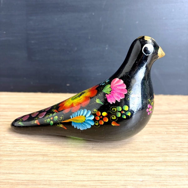 Ecuadorian folk art pottery bird - black painted vintage bohemian decor
