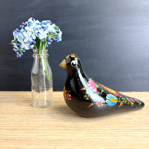 Ecuadorian folk art pottery bird - black painted vintage bohemian decor