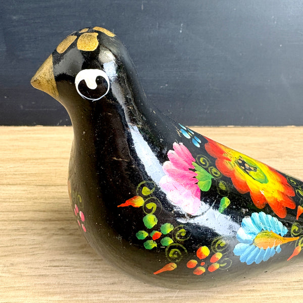 Ecuadorian folk art pottery bird - black painted vintage bohemian decor