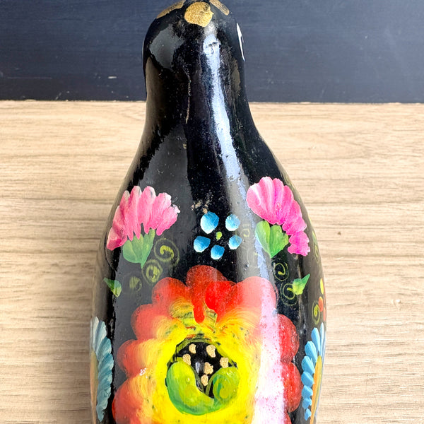 Ecuadorian folk art pottery bird - black painted vintage bohemian decor