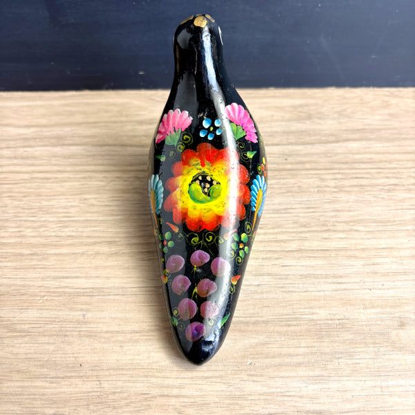 Ecuadorian folk art pottery bird - black painted vintage bohemian decor