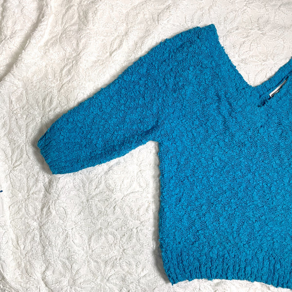 Cerulean blue short sleeve boucle knit sweater - 1980s vintage - size M - NextStage Vintage