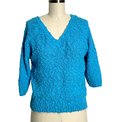 Cerulean blue short sleeve boucle knit sweater - 1980s vintage - size M