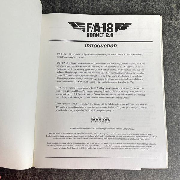 F/A-18 Hornet 2.0 Pilot Flight Manual - Graphics Simulation Co  - 1995 - manual only